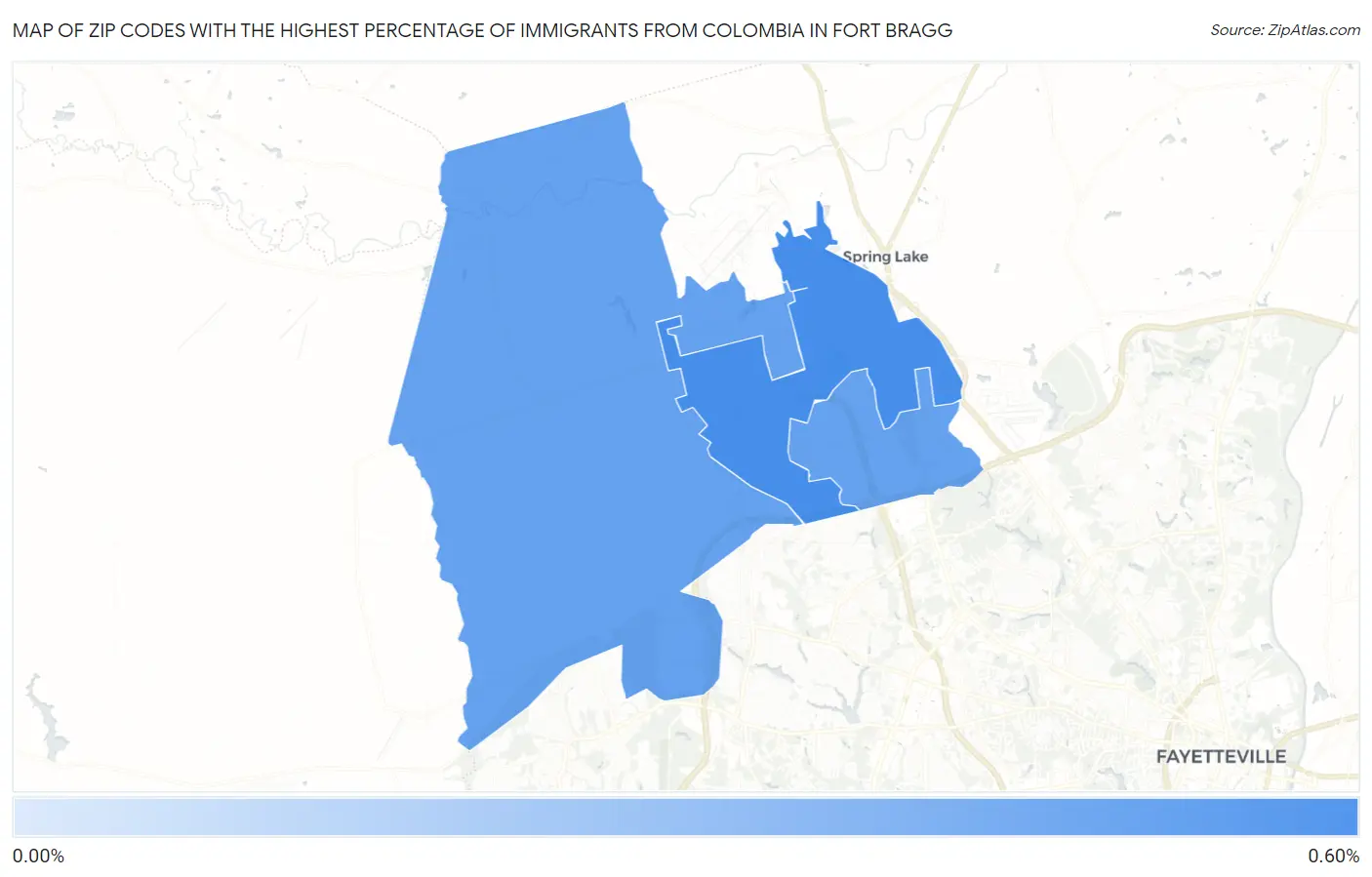 Zip Codes with the Highest Percentage of Immigrants from Colombia in Fort Bragg Map