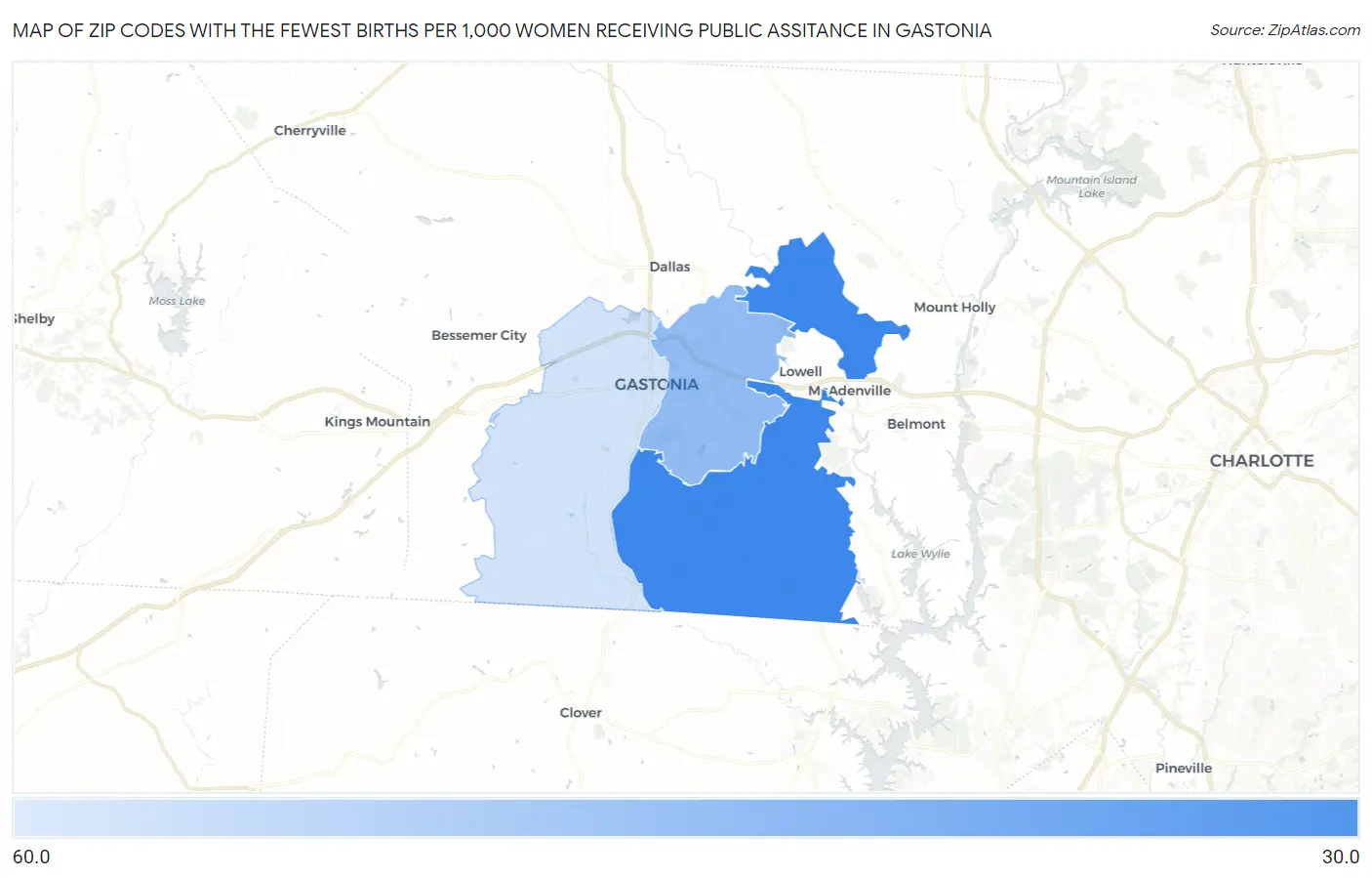 Zip Codes with the Fewest Births per 1,000 Women Receiving Public Assitance in Gastonia Map