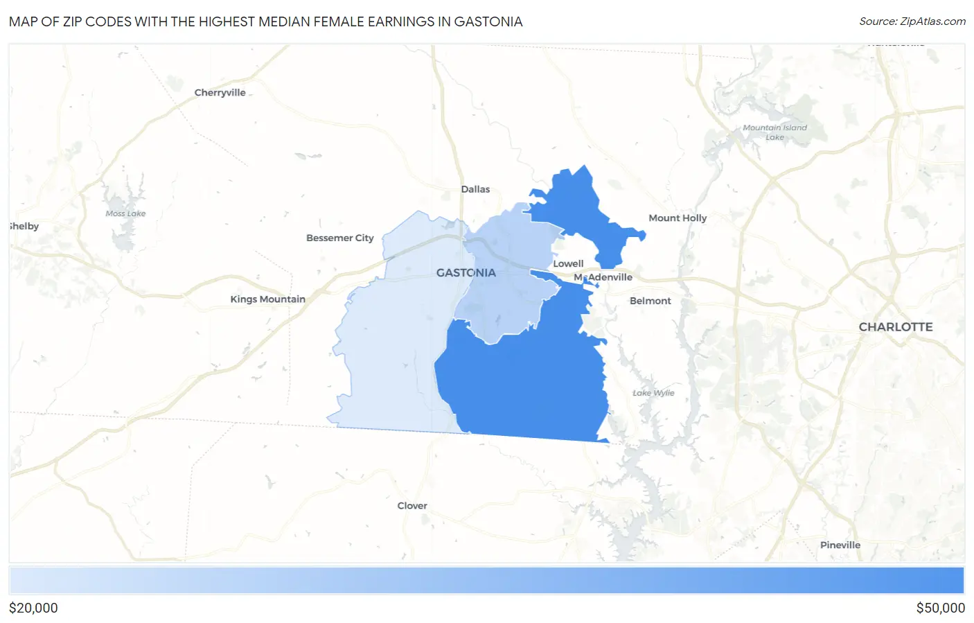 Zip Codes with the Highest Median Female Earnings in Gastonia Map