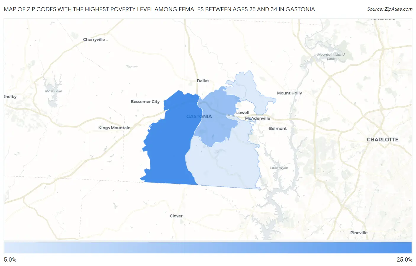 Zip Codes with the Highest Poverty Level Among Females Between Ages 25 and 34 in Gastonia Map