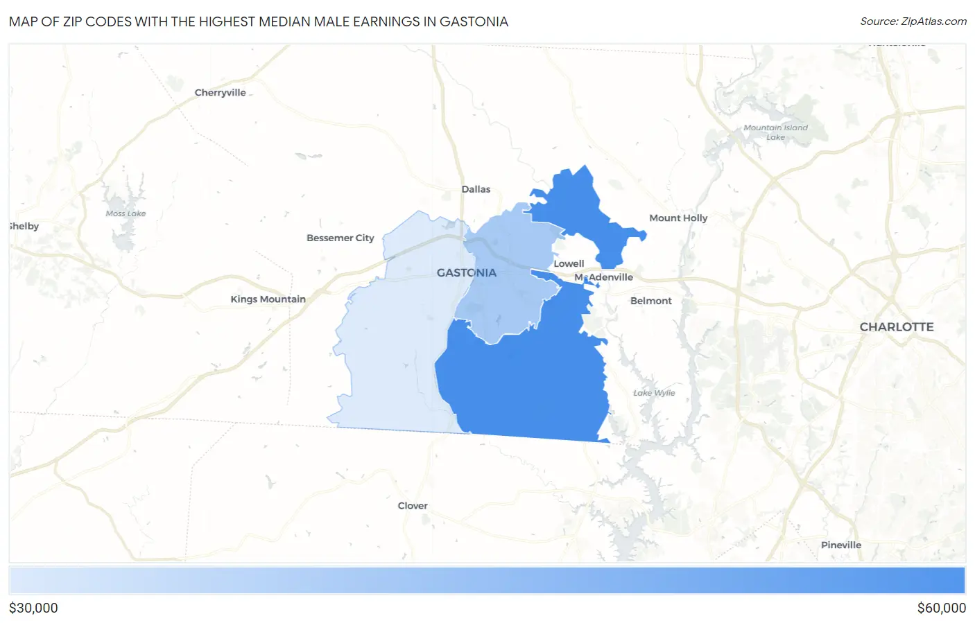 Zip Codes with the Highest Median Male Earnings in Gastonia Map