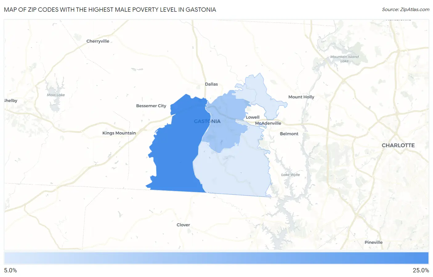 Zip Codes with the Highest Male Poverty Level in Gastonia Map