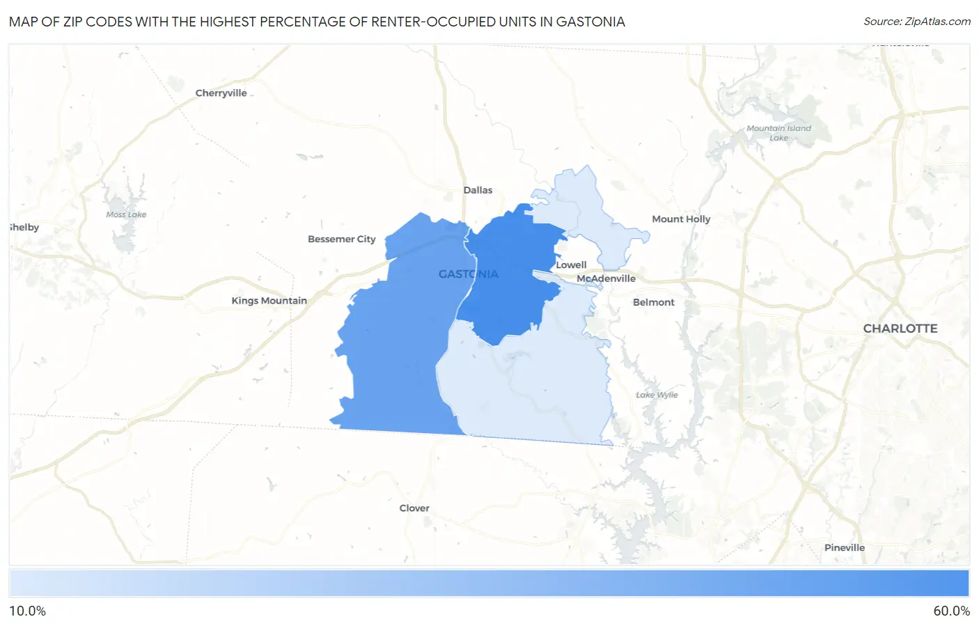 Zip Codes with the Highest Percentage of Renter-Occupied Units in Gastonia Map