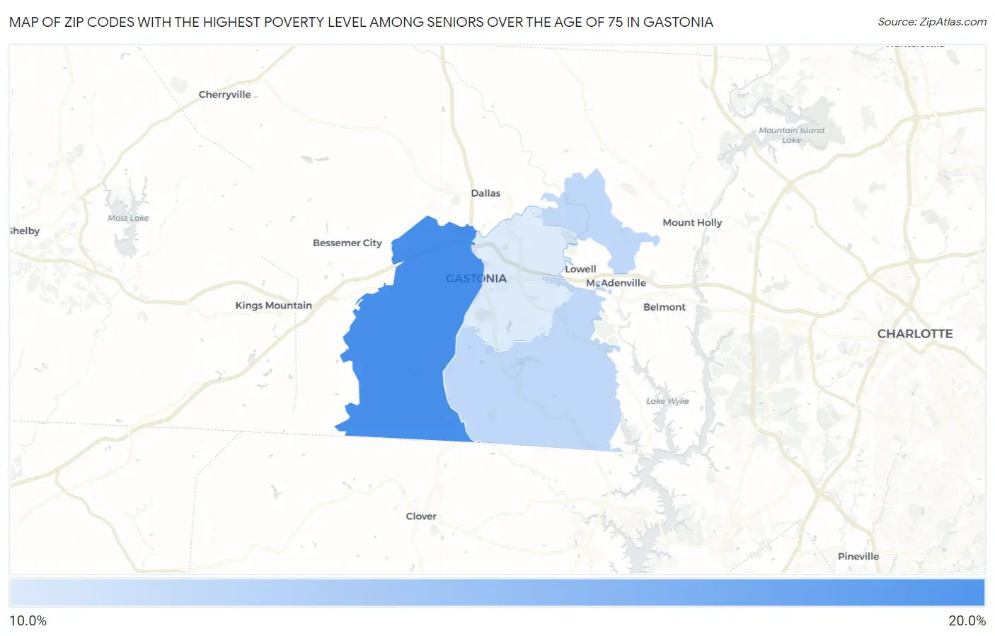 Zip Codes with the Highest Poverty Level Among Seniors Over the Age of 75 in Gastonia Map