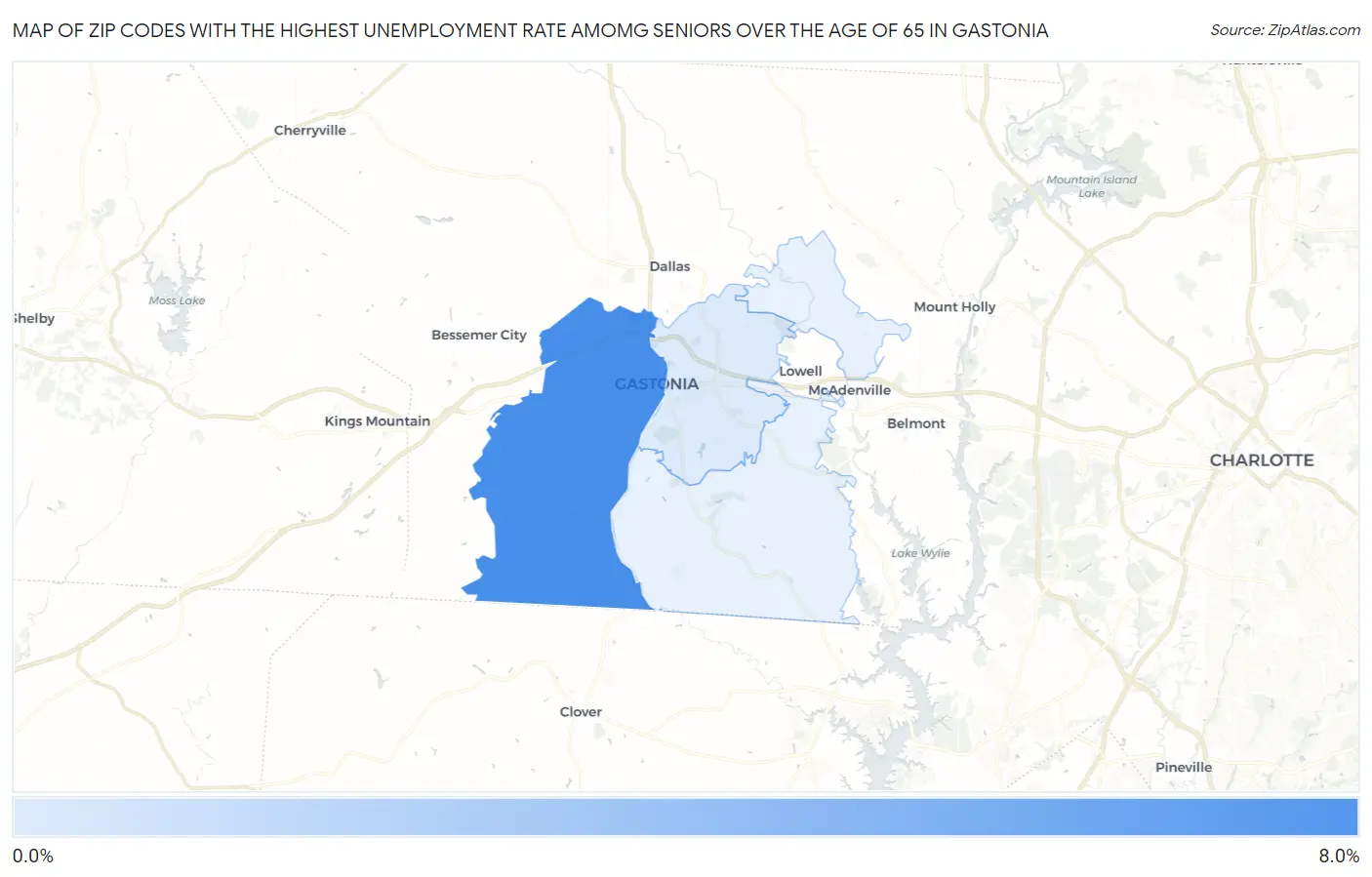 Zip Codes with the Highest Unemployment Rate Amomg Seniors Over the Age of 65 in Gastonia Map