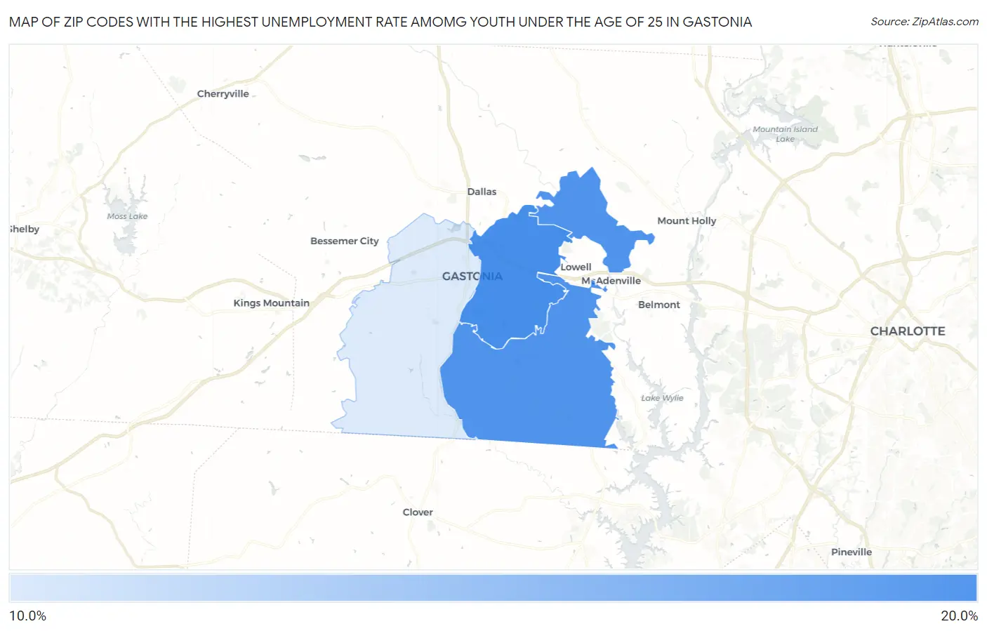 Zip Codes with the Highest Unemployment Rate Amomg Youth Under the Age of 25 in Gastonia Map