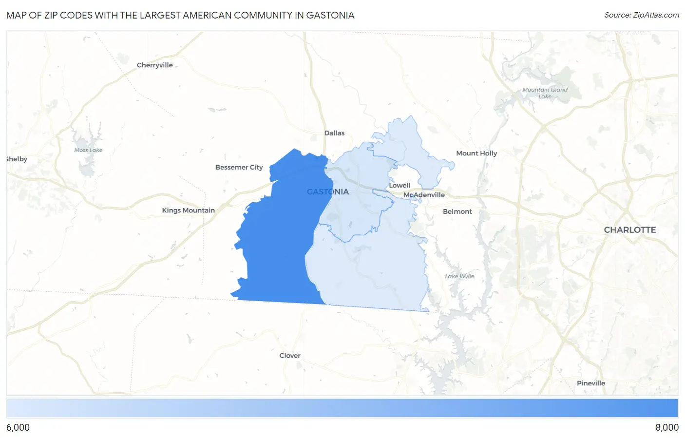 Zip Codes with the Largest American Community in Gastonia Map