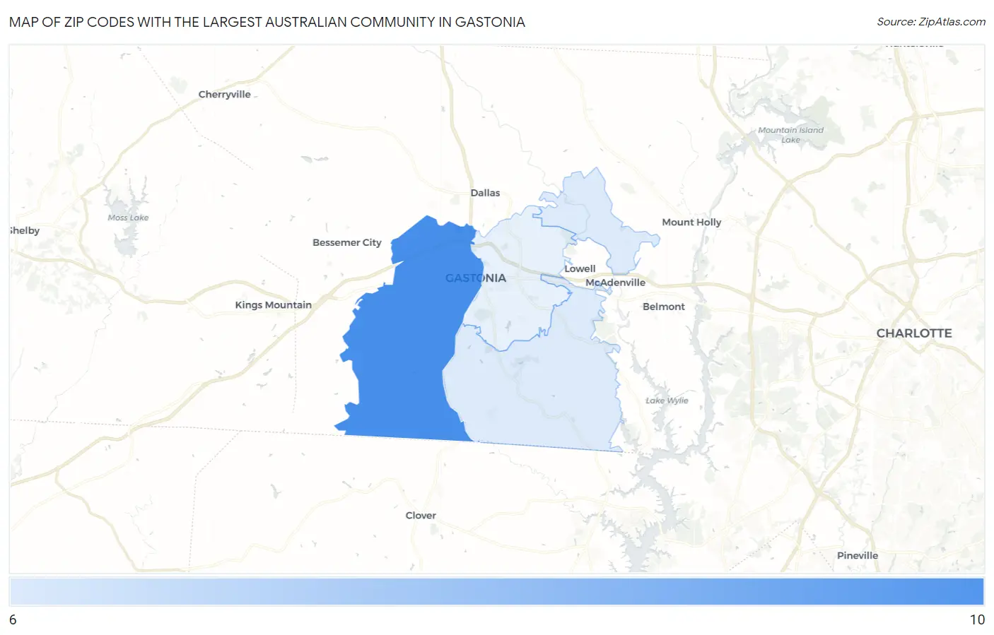 Zip Codes with the Largest Australian Community in Gastonia Map
