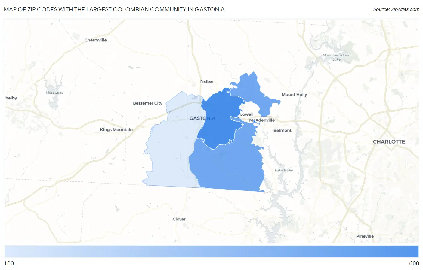 Zip Codes with the Largest Colombian Community in Gastonia Map
