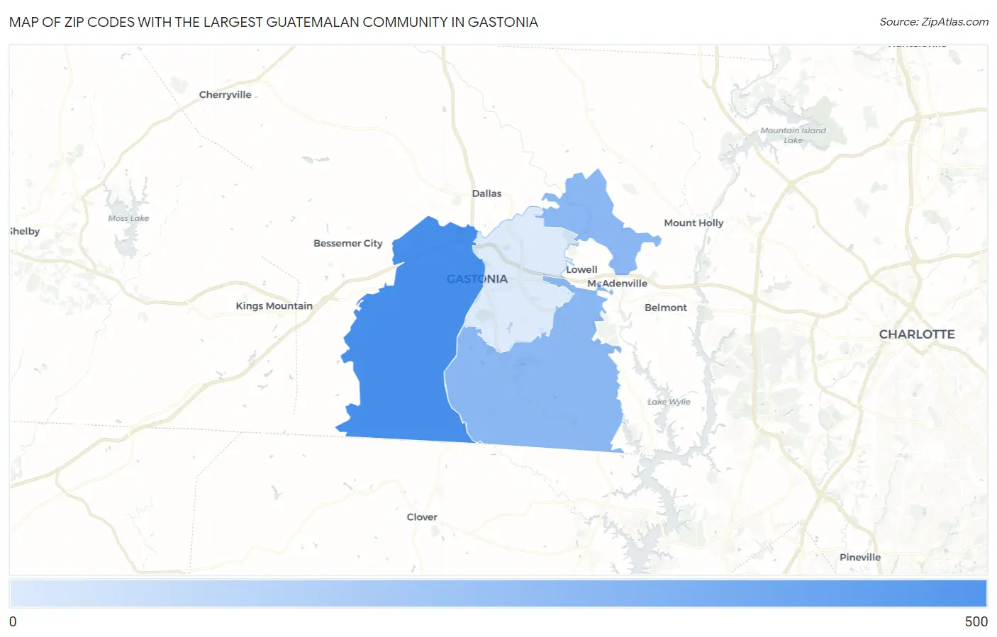 Zip Codes with the Largest Guatemalan Community in Gastonia Map