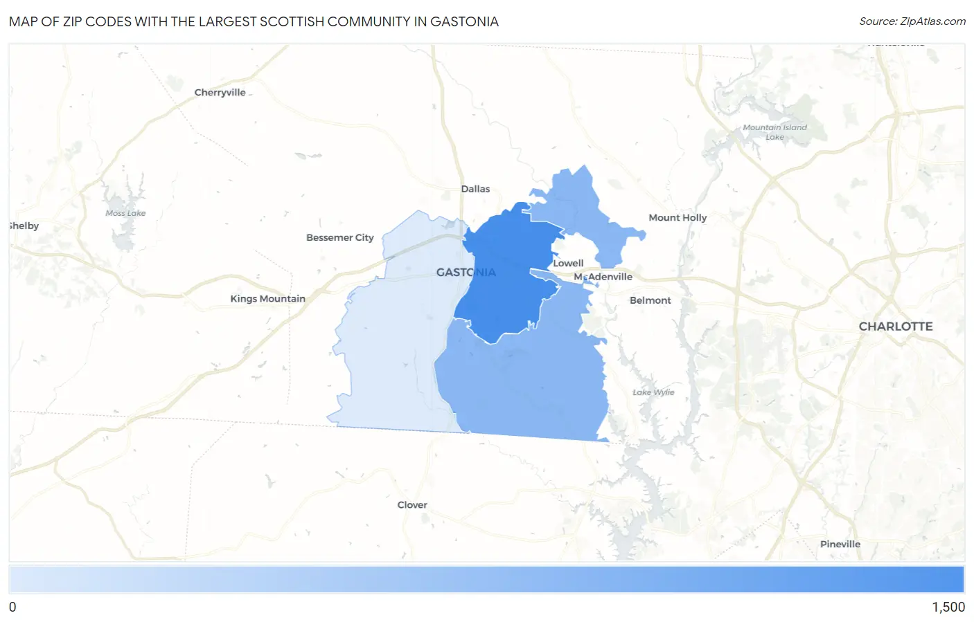 Zip Codes with the Largest Scottish Community in Gastonia Map