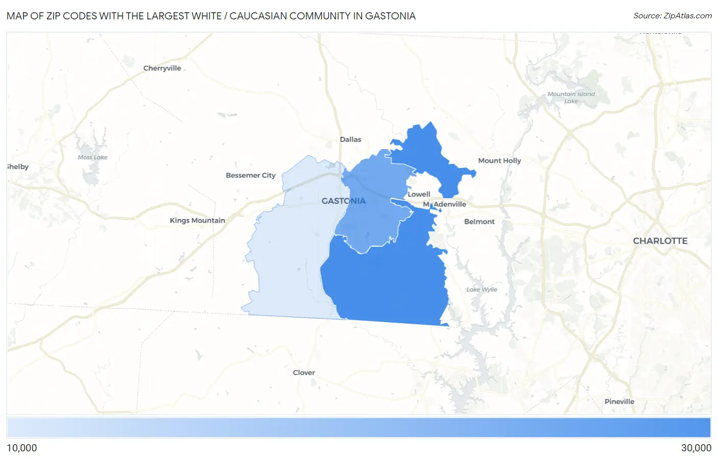 Zip Codes with the Largest White / Caucasian Community in Gastonia Map