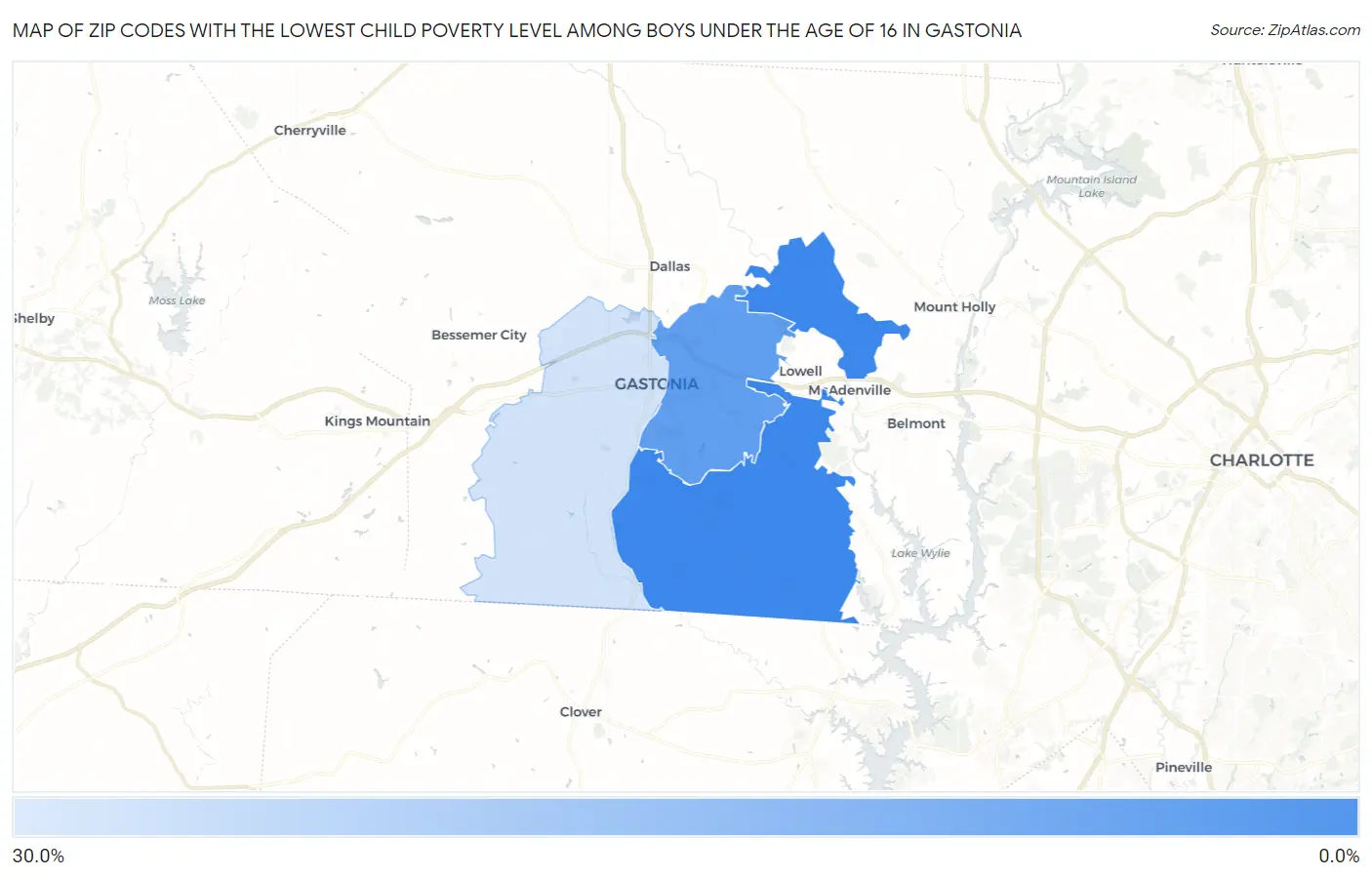 Zip Codes with the Lowest Child Poverty Level Among Boys Under the Age of 16 in Gastonia Map