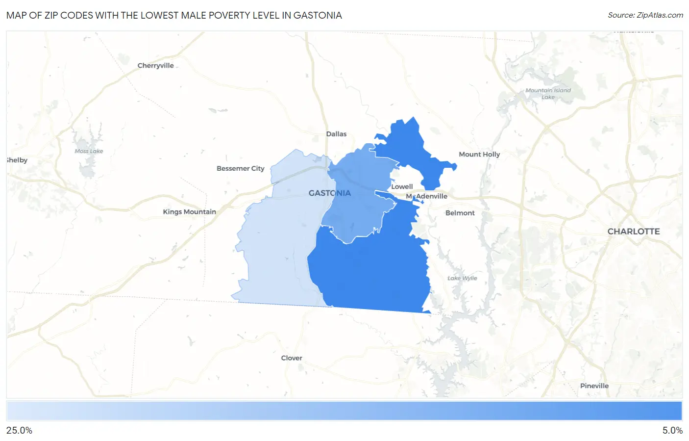 Zip Codes with the Lowest Male Poverty Level in Gastonia Map
