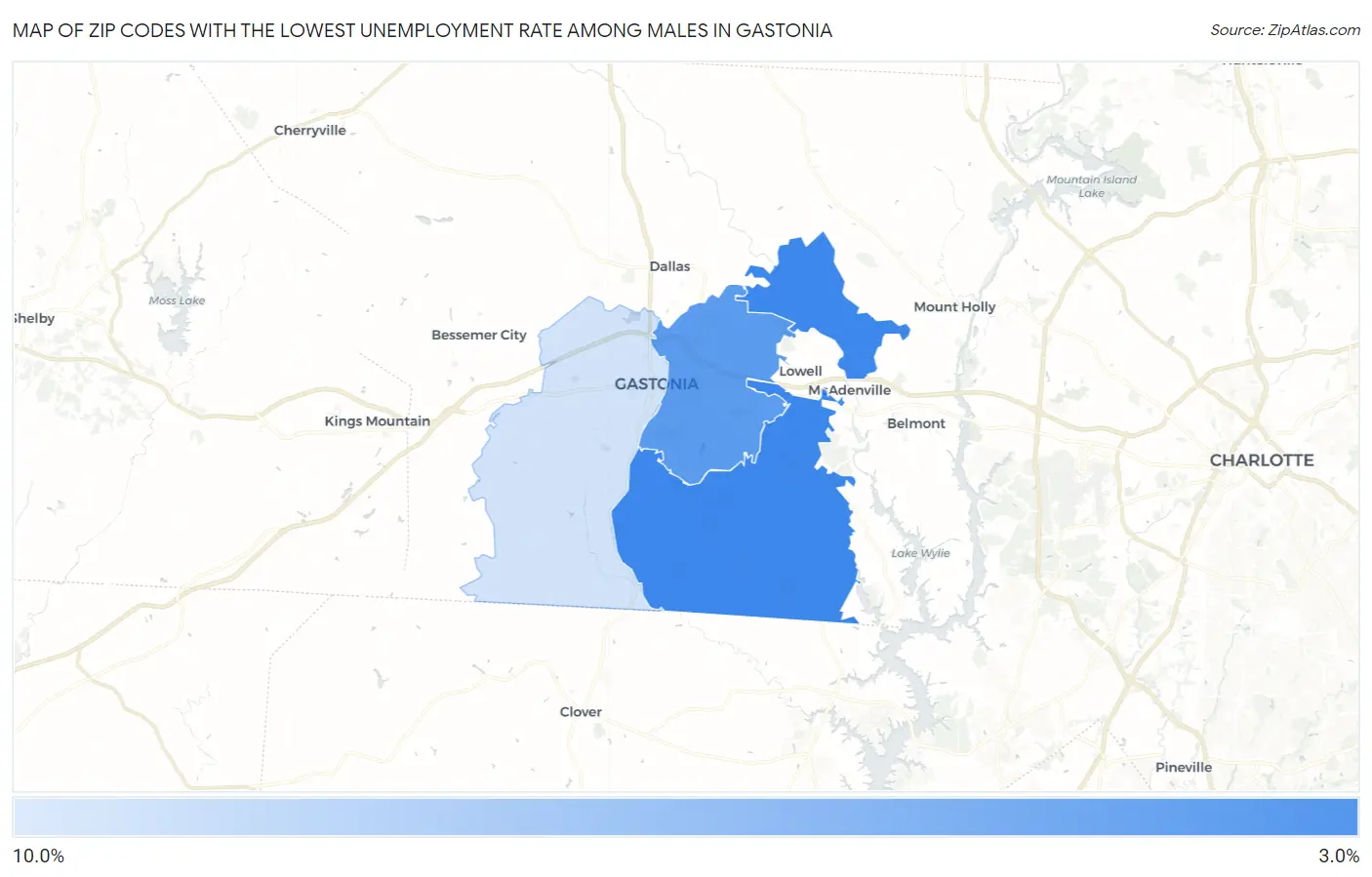 Zip Codes with the Lowest Unemployment Rate Among Males in Gastonia Map