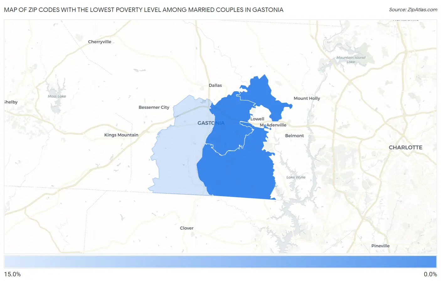 Zip Codes with the Lowest Poverty Level Among Married Couples in Gastonia Map