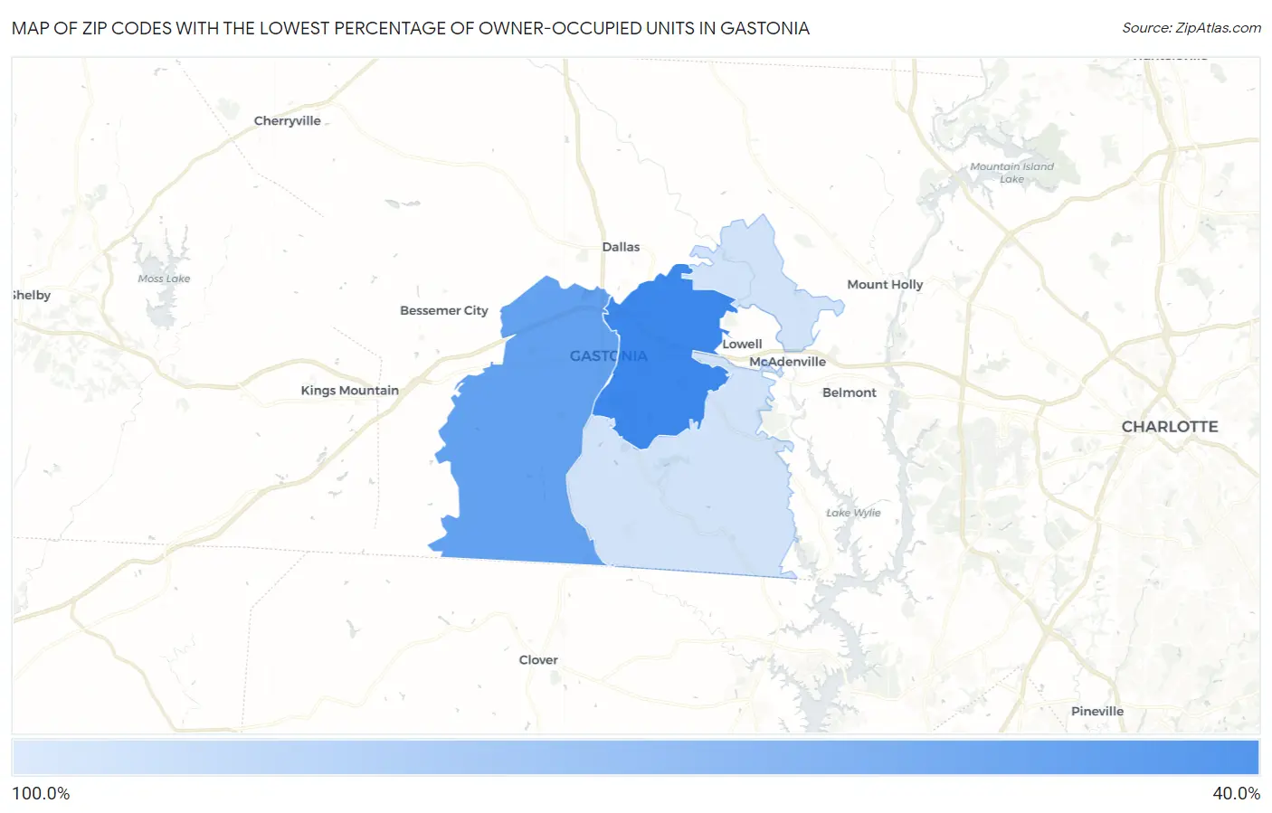 Zip Codes with the Lowest Percentage of Owner-Occupied Units in Gastonia Map