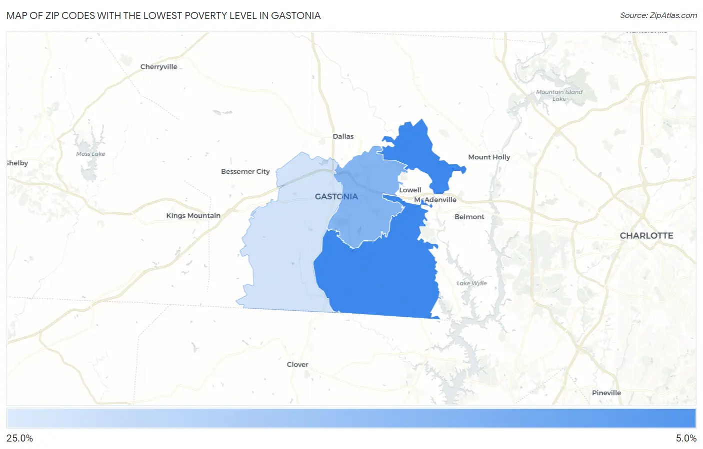 Zip Codes with the Lowest Poverty Level in Gastonia Map