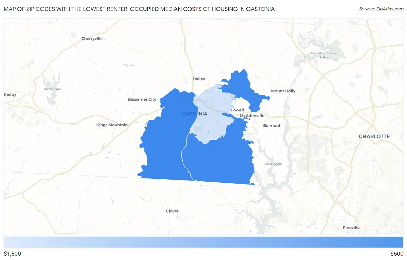 Zip Codes with the Lowest Renter-Occupied Median Costs of Housing in Gastonia Map