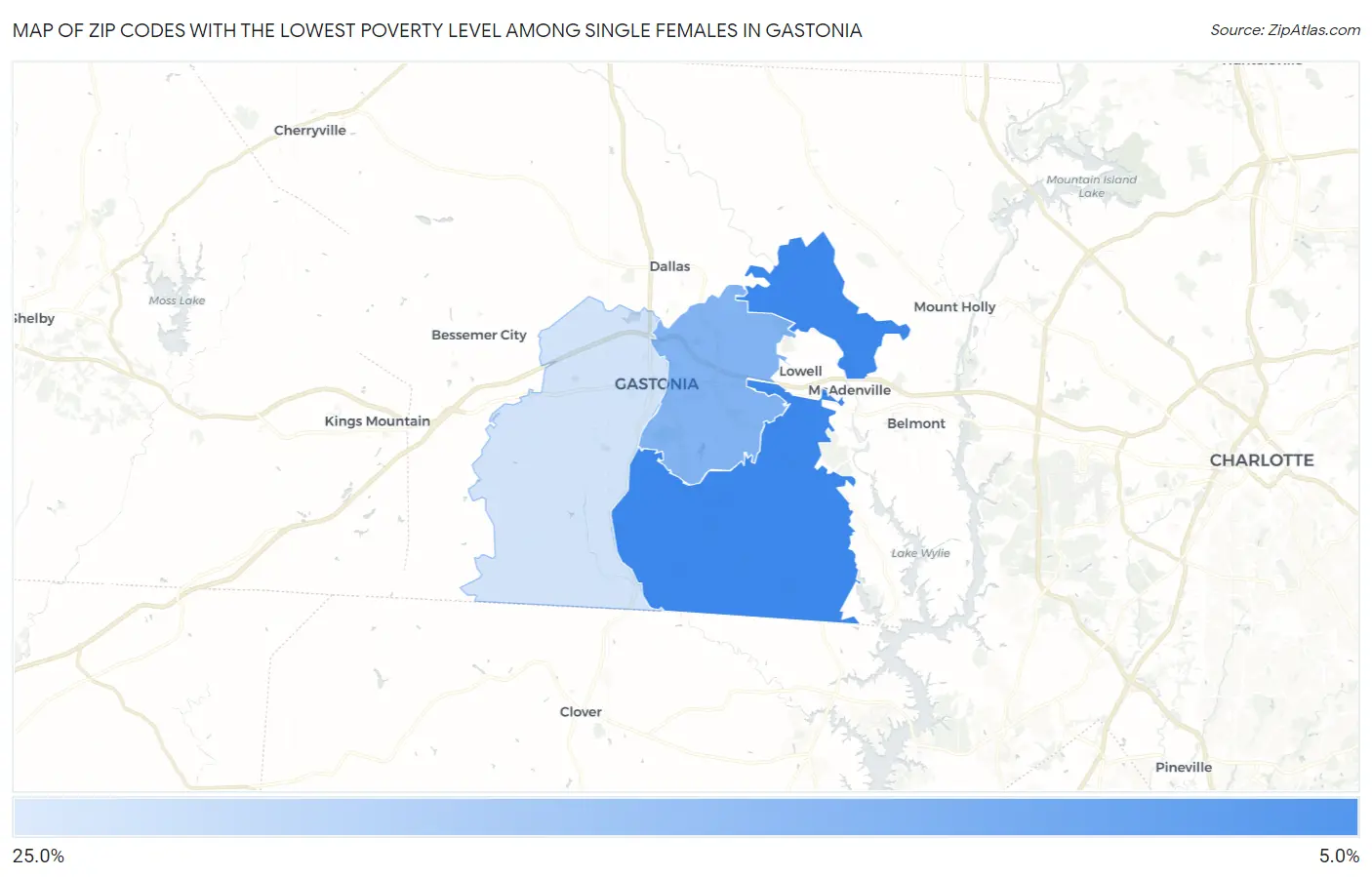 Zip Codes with the Lowest Poverty Level Among Single Females in Gastonia Map