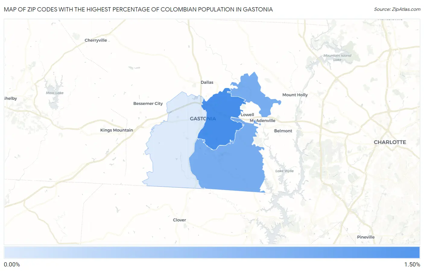 Zip Codes with the Highest Percentage of Colombian Population in Gastonia Map