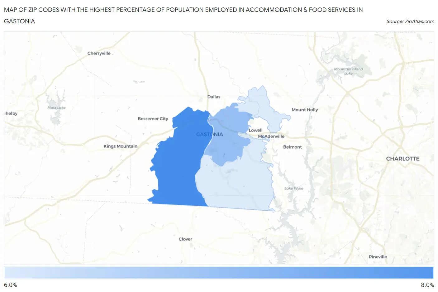 Zip Codes with the Highest Percentage of Population Employed in Accommodation & Food Services in Gastonia Map