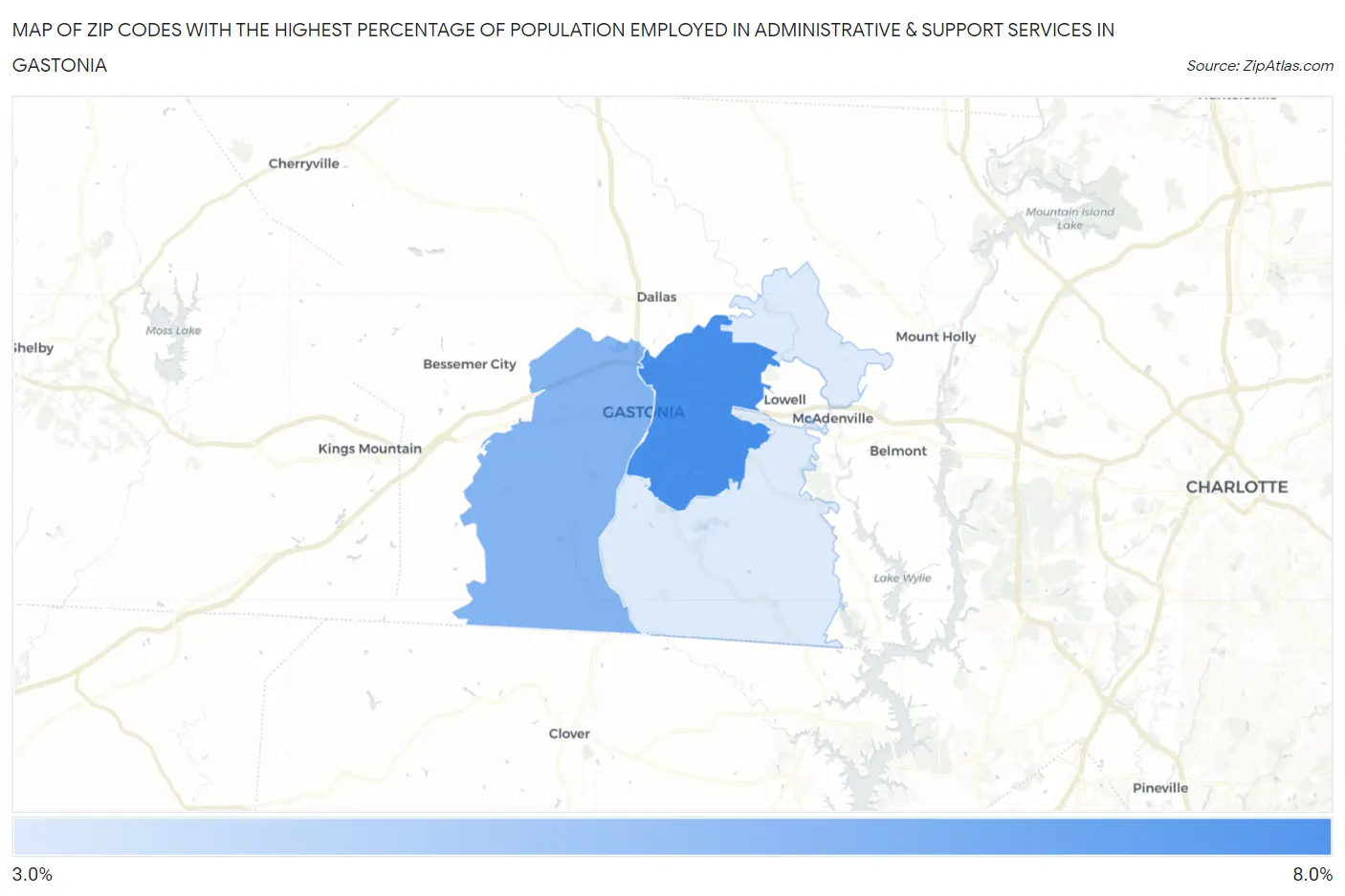 Zip Codes with the Highest Percentage of Population Employed in Administrative & Support Services in Gastonia Map