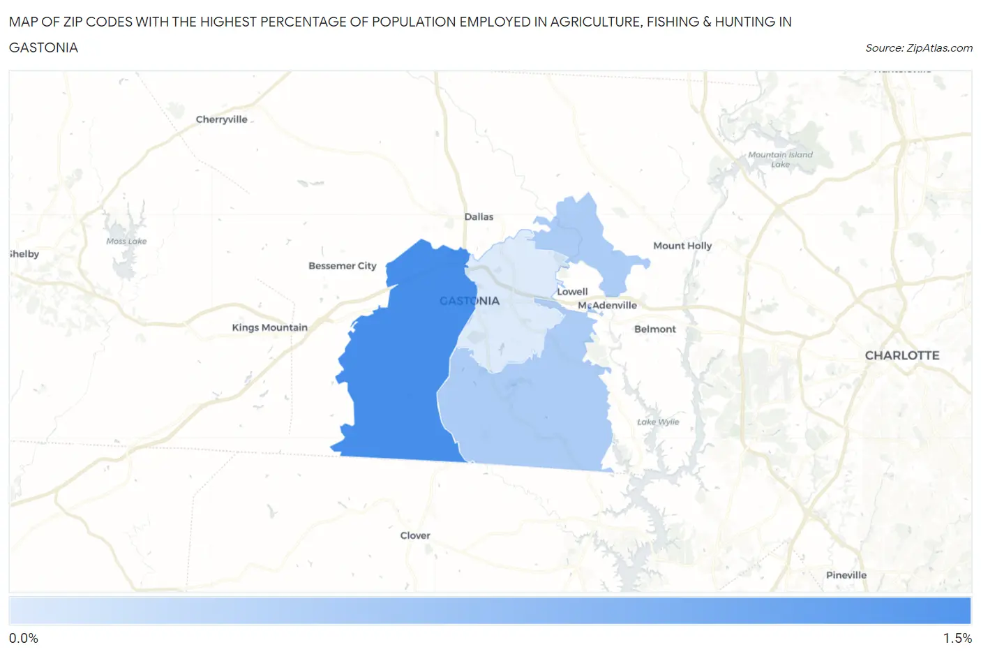 Zip Codes with the Highest Percentage of Population Employed in Agriculture, Fishing & Hunting in Gastonia Map