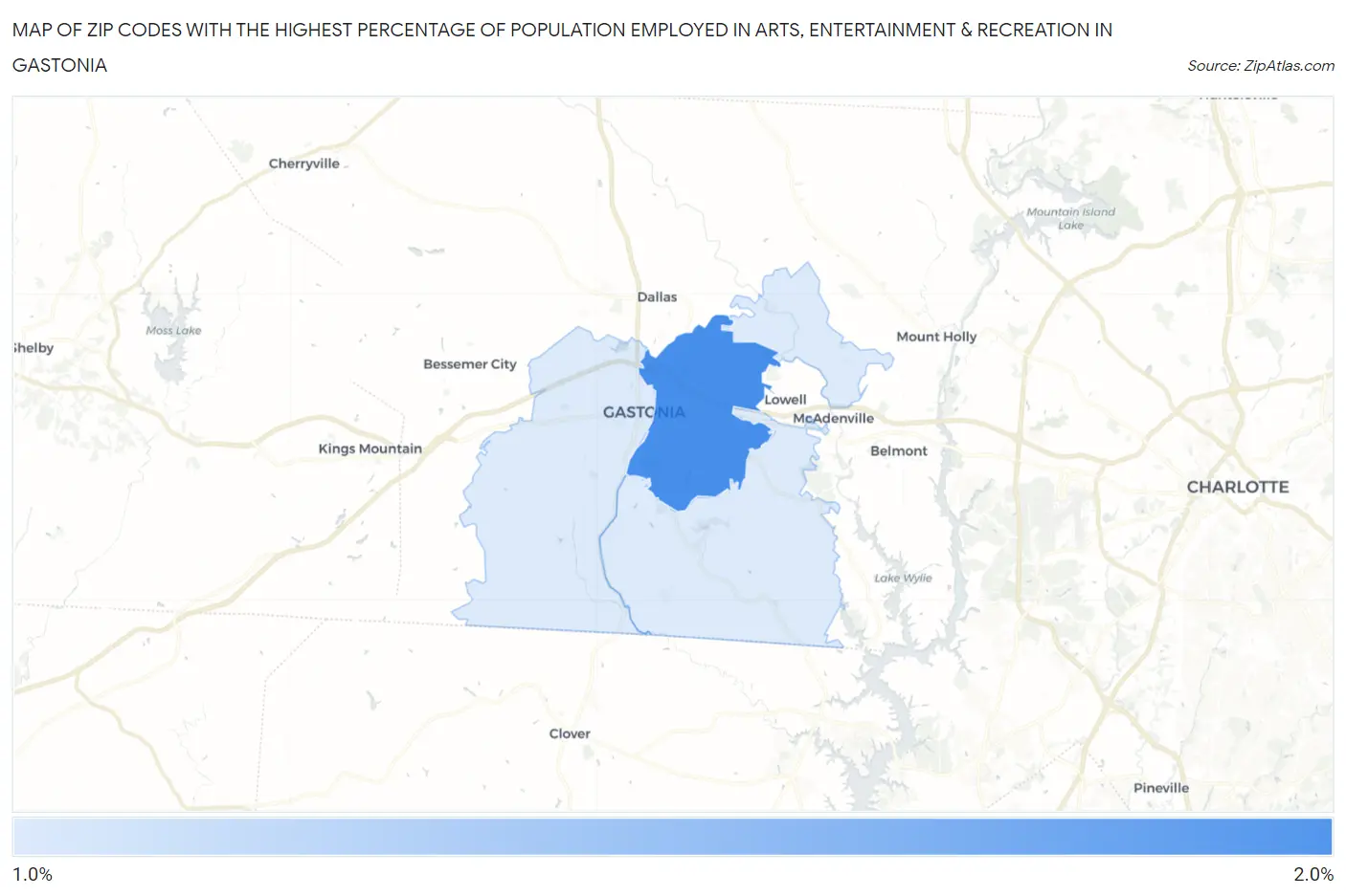 Zip Codes with the Highest Percentage of Population Employed in Arts, Entertainment & Recreation in Gastonia Map