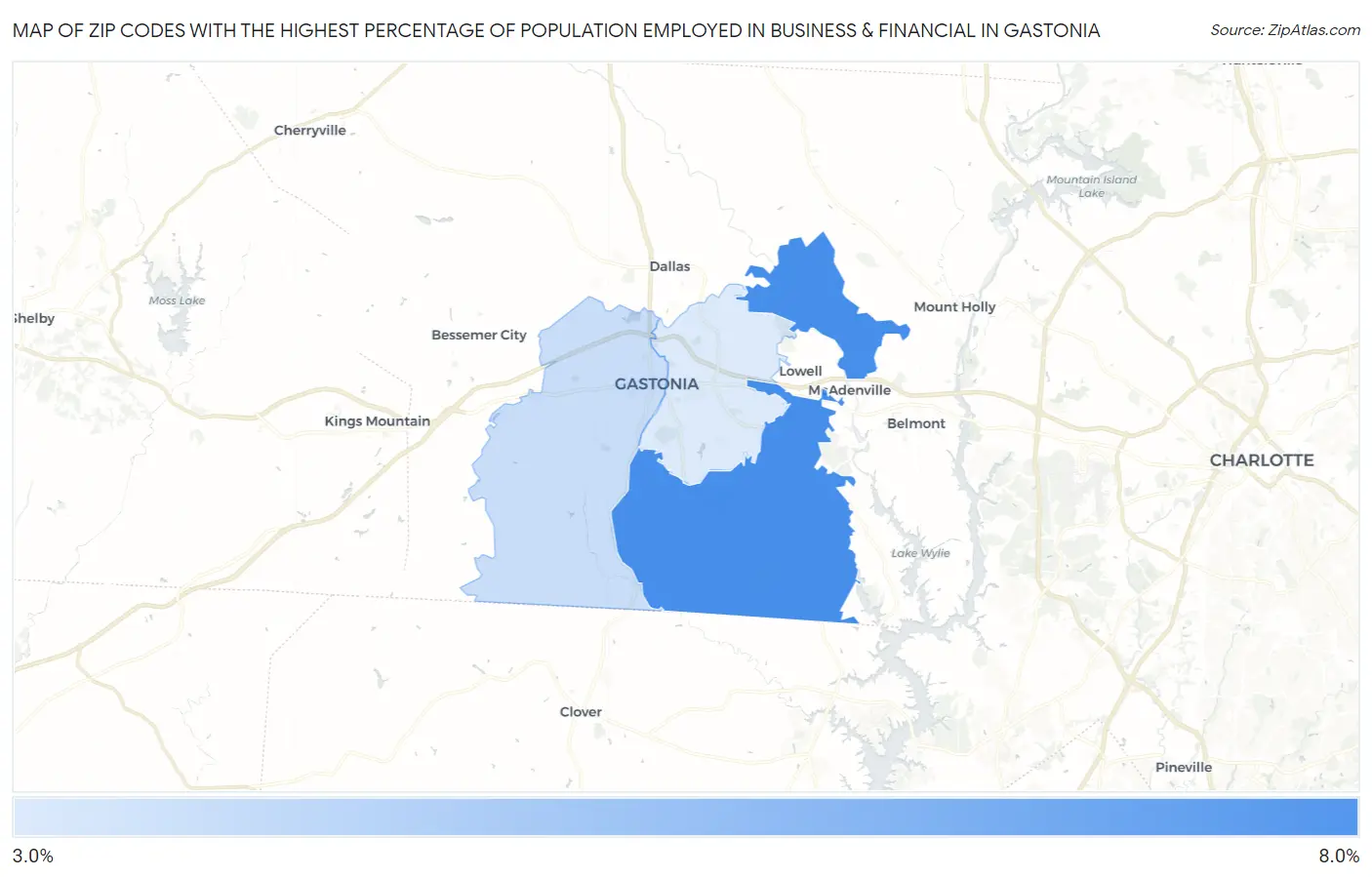 Zip Codes with the Highest Percentage of Population Employed in Business & Financial in Gastonia Map
