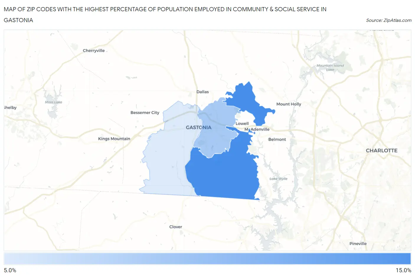 Zip Codes with the Highest Percentage of Population Employed in Community & Social Service  in Gastonia Map