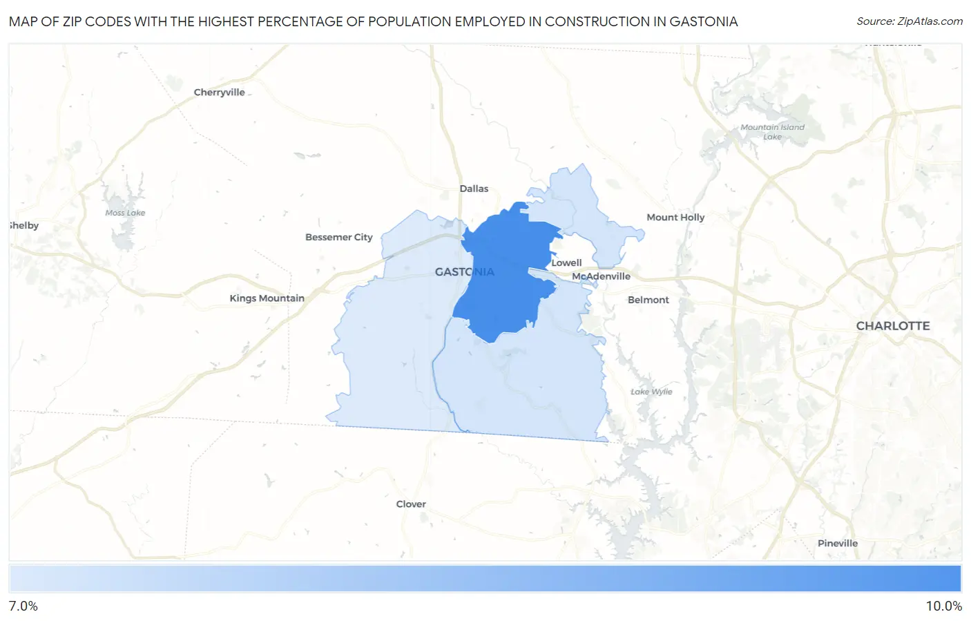 Zip Codes with the Highest Percentage of Population Employed in Construction in Gastonia Map