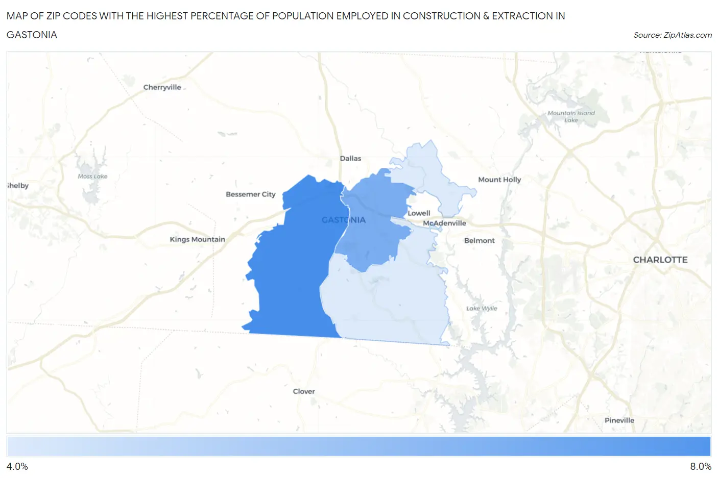Zip Codes with the Highest Percentage of Population Employed in Construction & Extraction in Gastonia Map