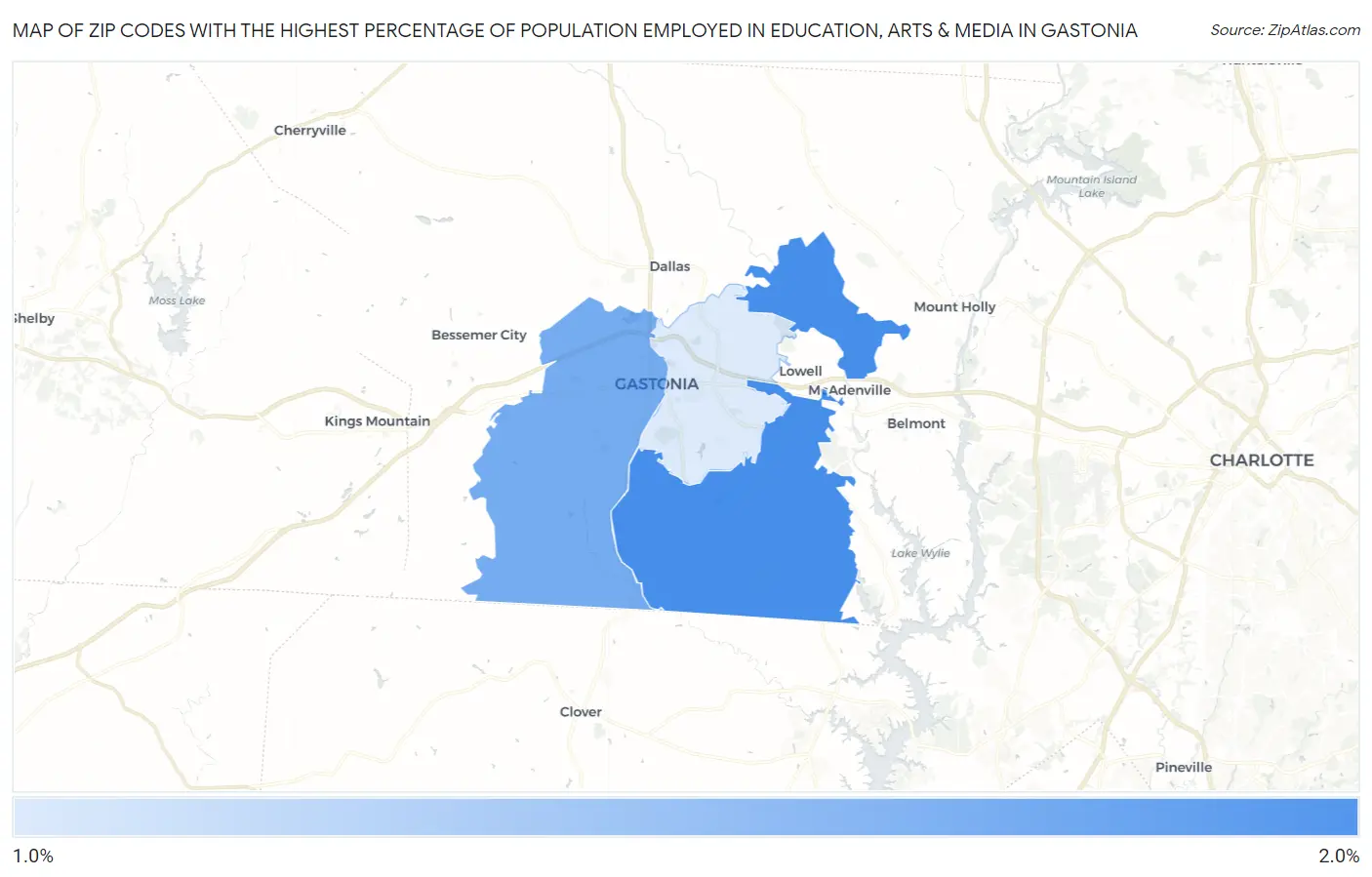 Zip Codes with the Highest Percentage of Population Employed in Education, Arts & Media in Gastonia Map