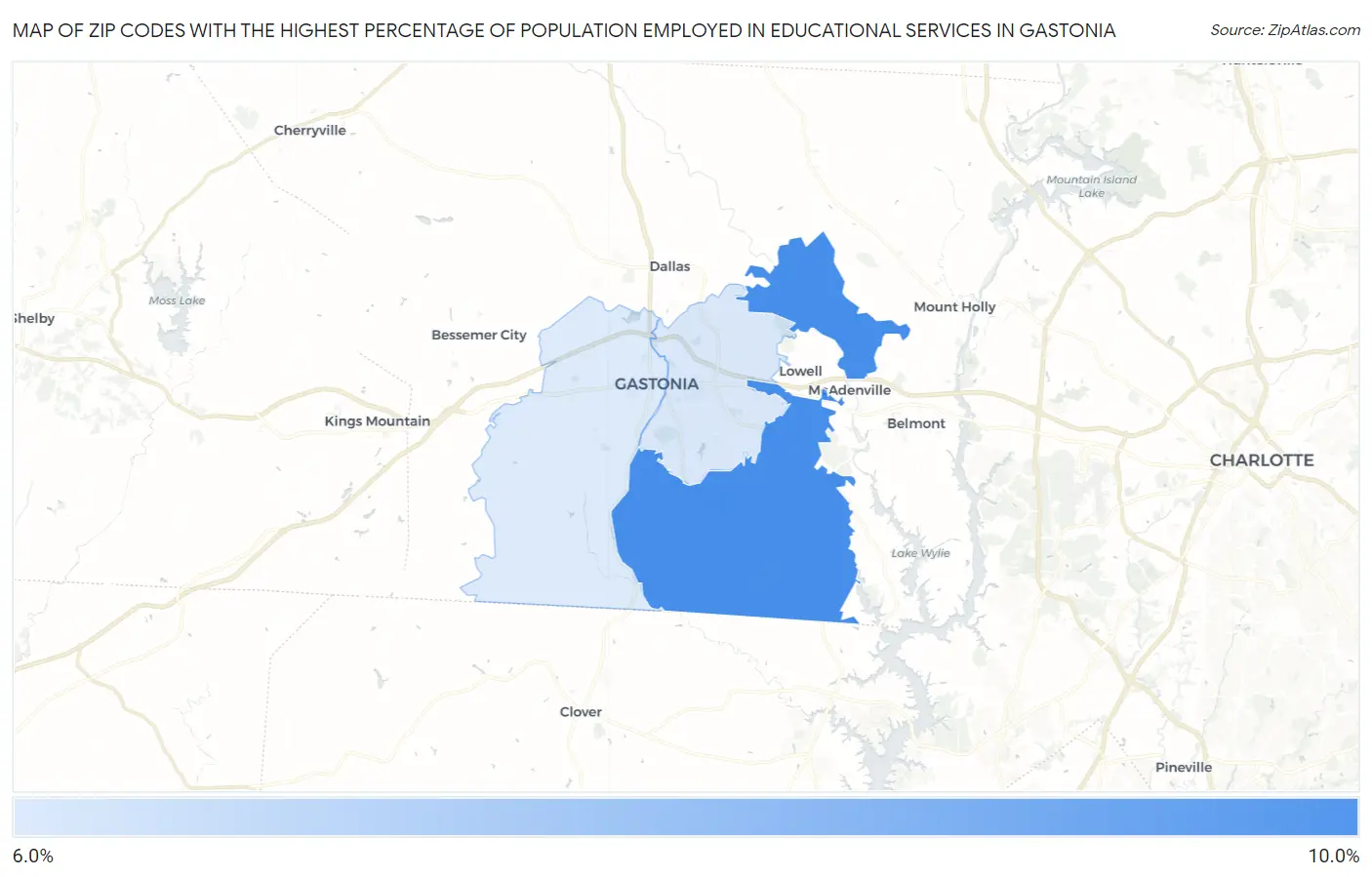 Zip Codes with the Highest Percentage of Population Employed in Educational Services in Gastonia Map