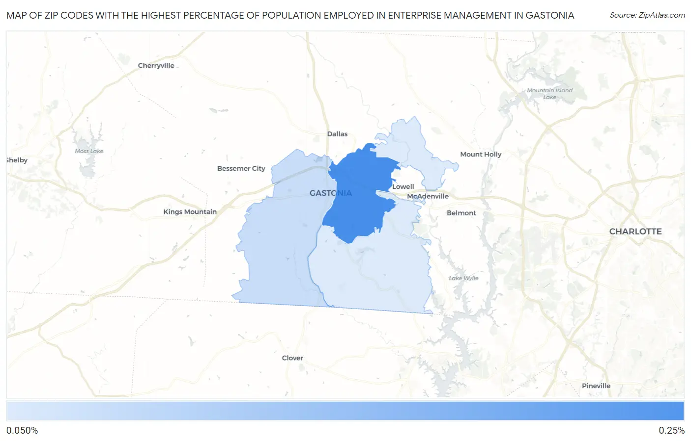Zip Codes with the Highest Percentage of Population Employed in Enterprise Management in Gastonia Map