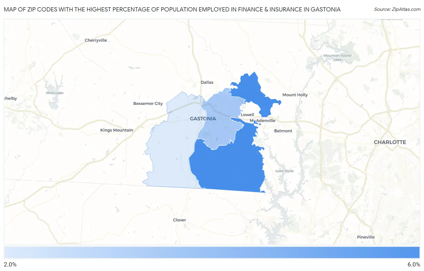 Zip Codes with the Highest Percentage of Population Employed in Finance & Insurance in Gastonia Map