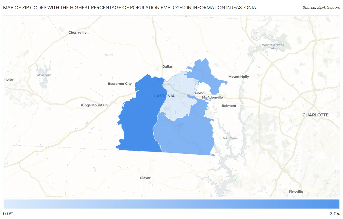 Zip Codes with the Highest Percentage of Population Employed in Information in Gastonia Map