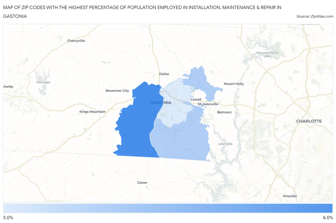 Zip Codes with the Highest Percentage of Population Employed in Installation, Maintenance & Repair in Gastonia Map