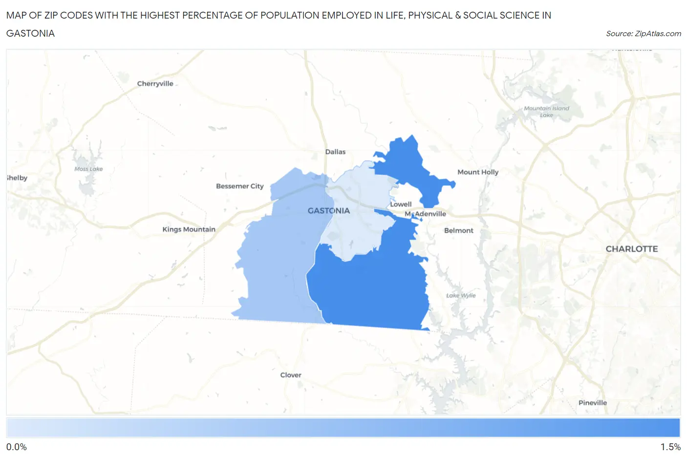Zip Codes with the Highest Percentage of Population Employed in Life, Physical & Social Science in Gastonia Map