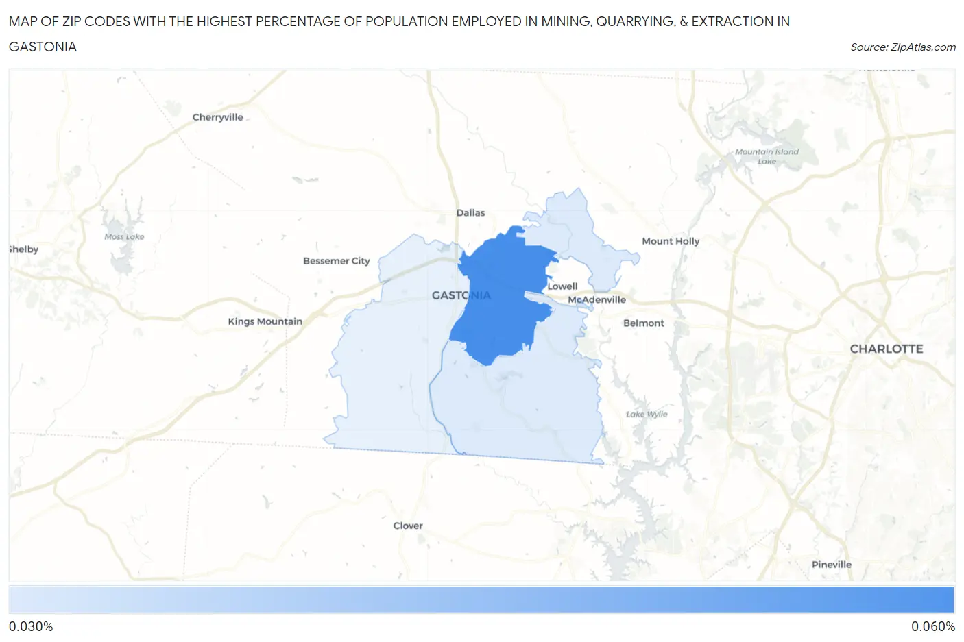 Zip Codes with the Highest Percentage of Population Employed in Mining, Quarrying, & Extraction in Gastonia Map
