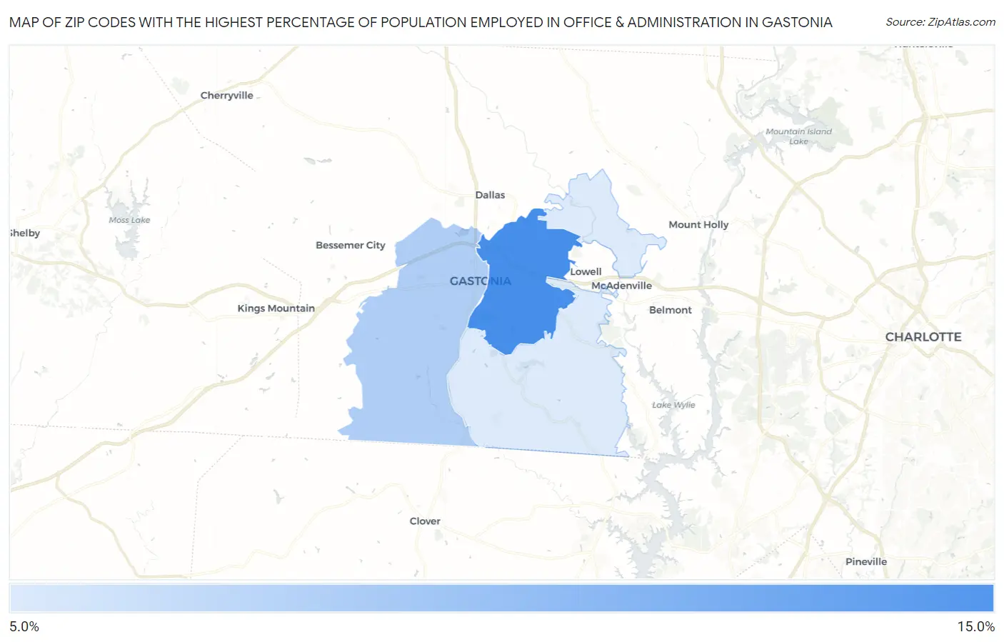 Zip Codes with the Highest Percentage of Population Employed in Office & Administration in Gastonia Map