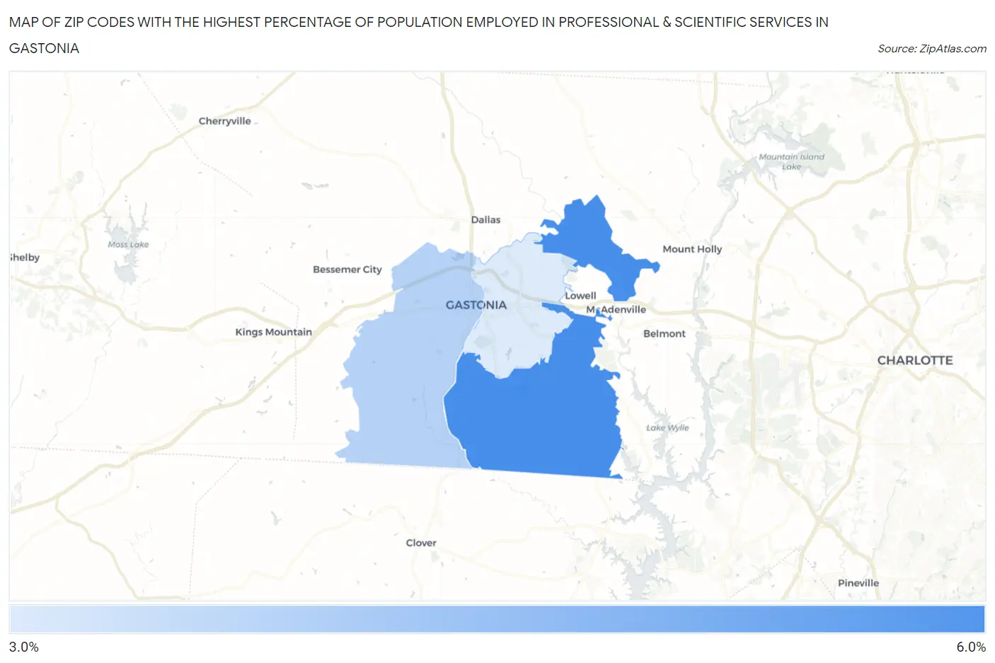 Zip Codes with the Highest Percentage of Population Employed in Professional & Scientific Services in Gastonia Map