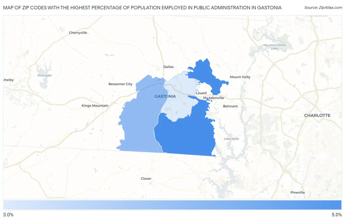 Zip Codes with the Highest Percentage of Population Employed in Public Administration in Gastonia Map