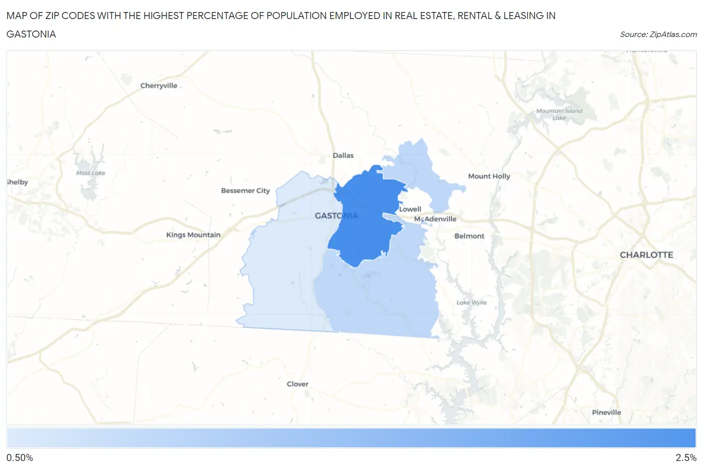 Zip Codes with the Highest Percentage of Population Employed in Real Estate, Rental & Leasing in Gastonia Map