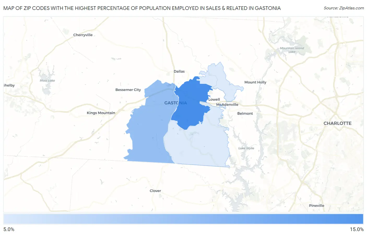 Zip Codes with the Highest Percentage of Population Employed in Sales & Related in Gastonia Map