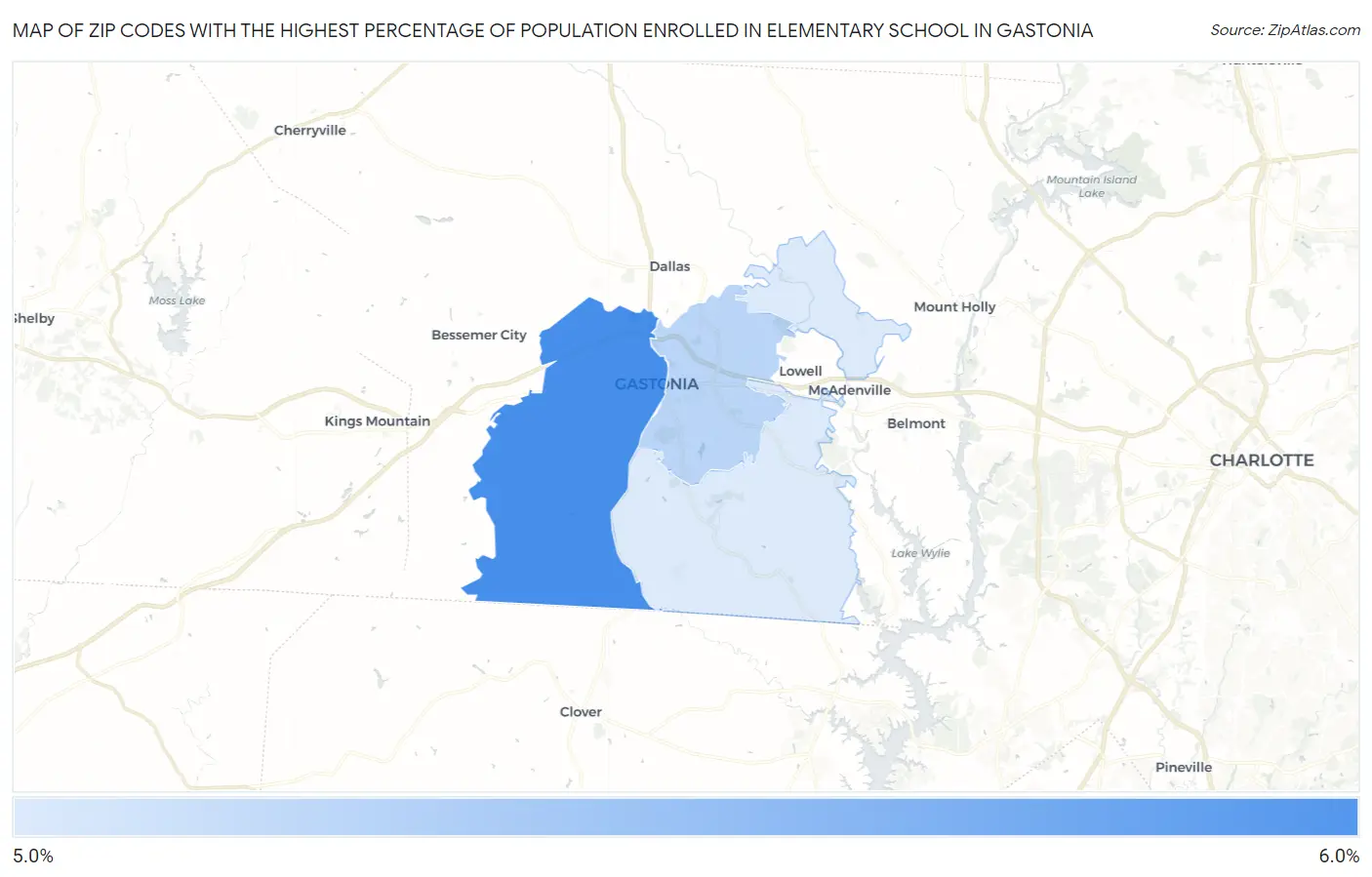 Zip Codes with the Highest Percentage of Population Enrolled in Elementary School in Gastonia Map