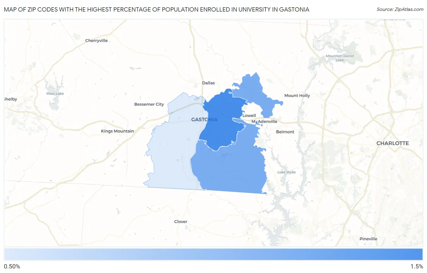 Zip Codes with the Highest Percentage of Population Enrolled in University in Gastonia Map