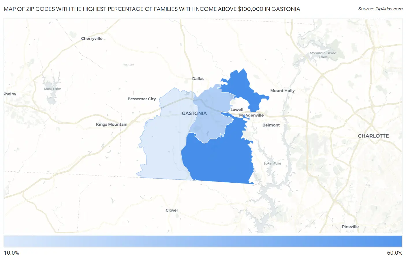 Zip Codes with the Highest Percentage of Families with Income Above $100,000 in Gastonia Map