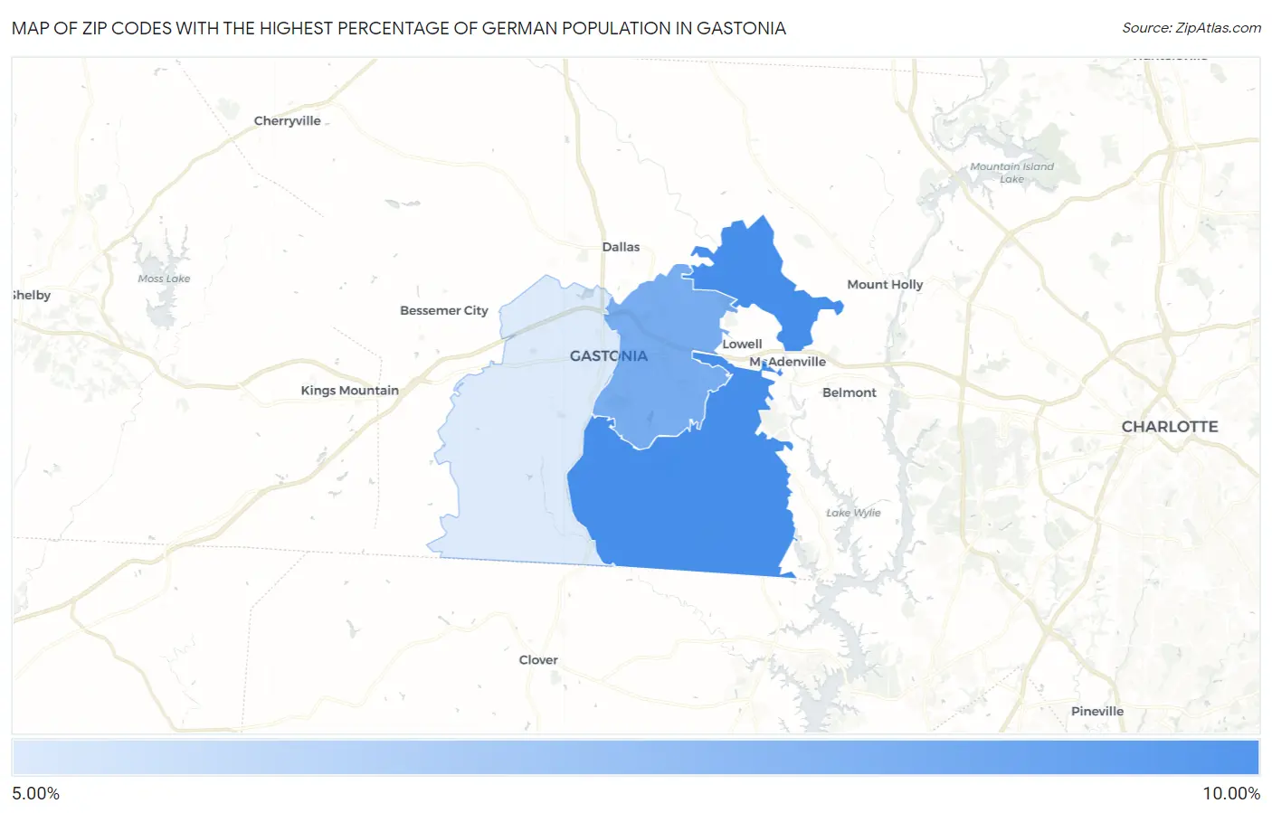 Zip Codes with the Highest Percentage of German Population in Gastonia Map